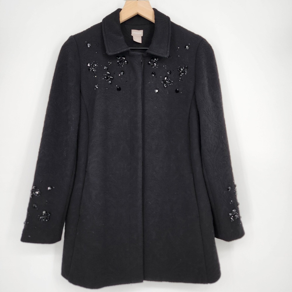 Chicos Womens Beaded Jacquard Jacket Size 0 (4/6) Black Elegant Evening Glam